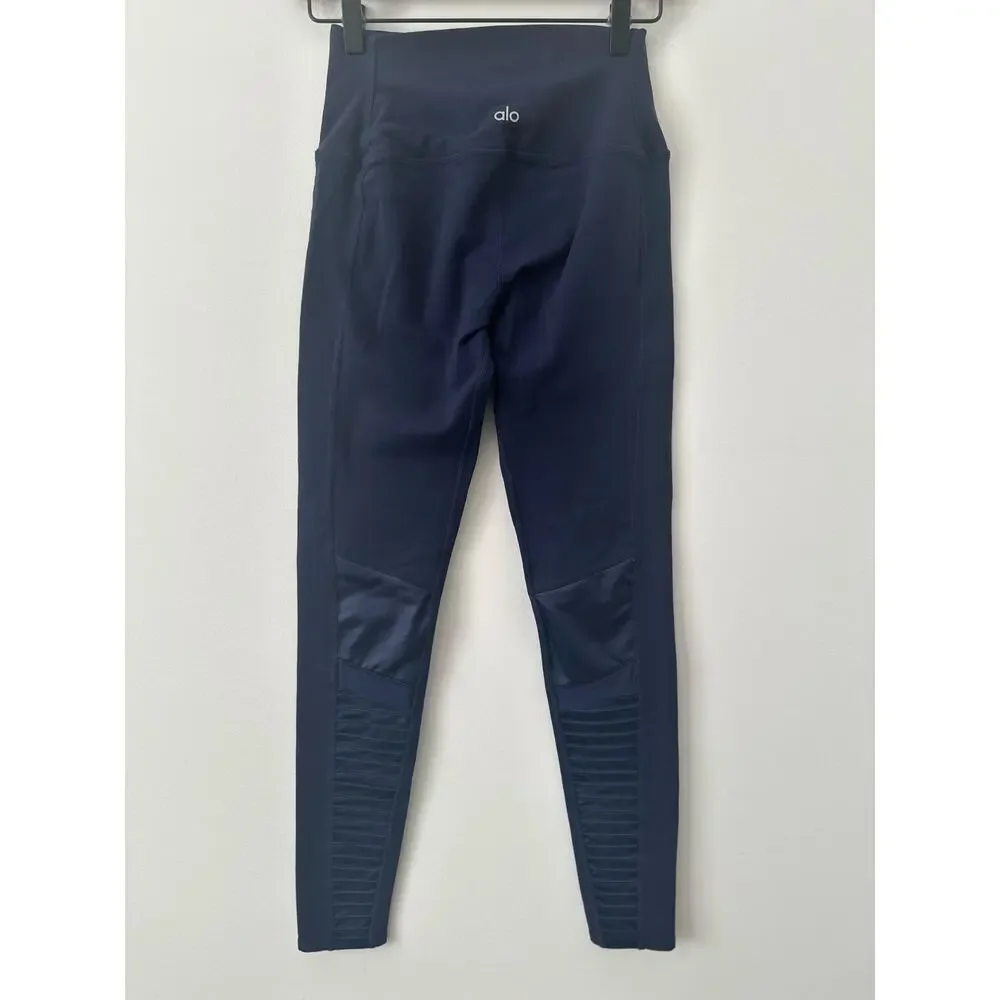 Alo Yoga Moto Leggings Women's Medium Navy Blue High Waist Pocket Compression